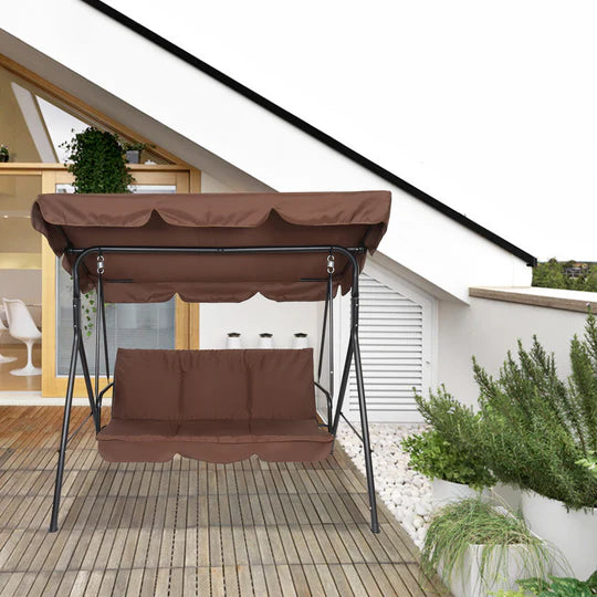 Three-person greenhouse coffee garden swing chair with roof. 170*110*153cm, With Canopy and Cushion 250kg, Stable and durable, Load-Bearing Iron Swing Brown