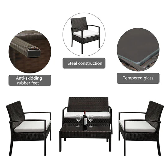 Outdoor 2pcs Arm Chairs 1pc Love Seat & Tempered Glass Coffee Table Rattan Sofa Set XH