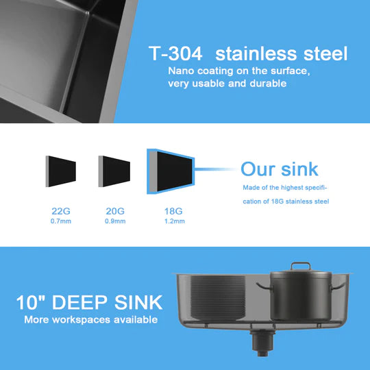 Farmhouse Sink Gunmetal Black Kitchen Sink Stainless Steel 10 inch deep, Apron Kitchen Sink, 16 Guage Handmade Sink with Drain