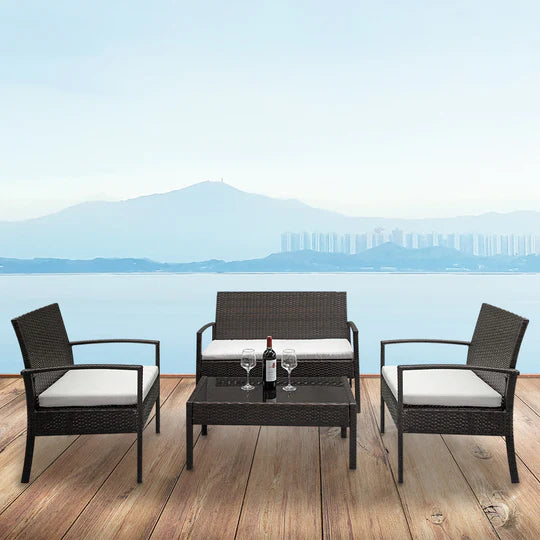 Outdoor 2pcs Arm Chairs 1pc Love Seat & Tempered Glass Coffee Table Rattan Sofa Set XH