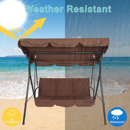 Three-person greenhouse coffee garden swing chair with roof. 170*110*153cm, With Canopy and Cushion 250kg, Stable and durable, Load-Bearing Iron Swing Brown