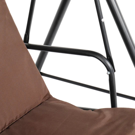 Three-person greenhouse coffee garden swing chair with roof. 170*110*153cm, With Canopy and Cushion 250kg, Stable and durable, Load-Bearing Iron Swing Brown