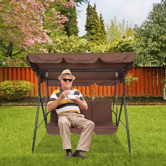 Three-person greenhouse coffee garden swing chair with roof. 170*110*153cm, With Canopy and Cushion 250kg, Stable and durable, Load-Bearing Iron Swing Brown