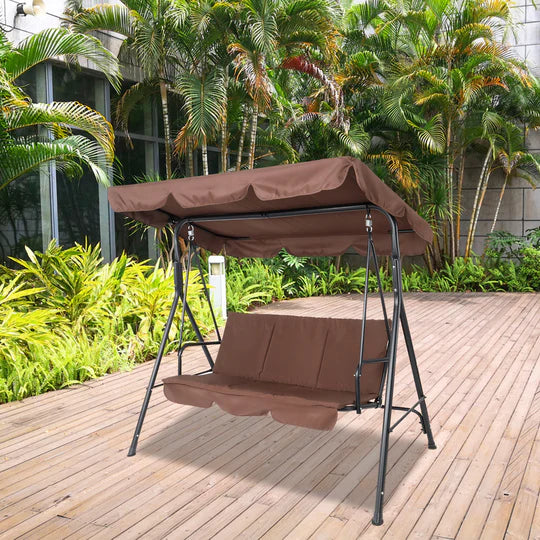 Three-person greenhouse coffee garden swing chair with roof. 170*110*153cm, With Canopy and Cushion 250kg, Stable and durable, Load-Bearing Iron Swing Brown