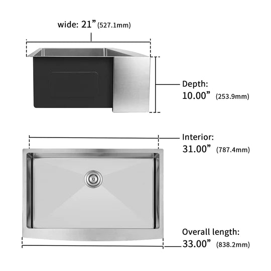 Farmhouse Sink Gunmetal Black Kitchen Sink Stainless Steel 10 inch deep, Apron Kitchen Sink, 16 Guage Handmade Sink with Drain