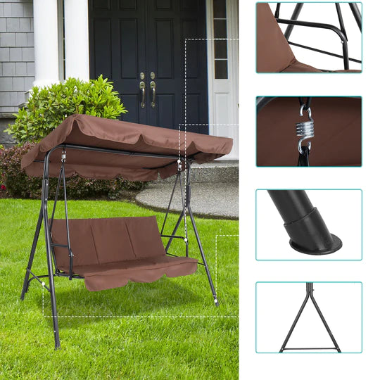 Three-person greenhouse coffee garden swing chair with roof. 170*110*153cm, With Canopy and Cushion 250kg, Stable and durable, Load-Bearing Iron Swing Brown