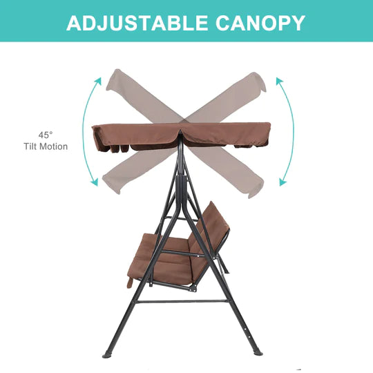 Three-person greenhouse coffee garden swing chair with roof. 170*110*153cm, With Canopy and Cushion 250kg, Stable and durable, Load-Bearing Iron Swing Brown