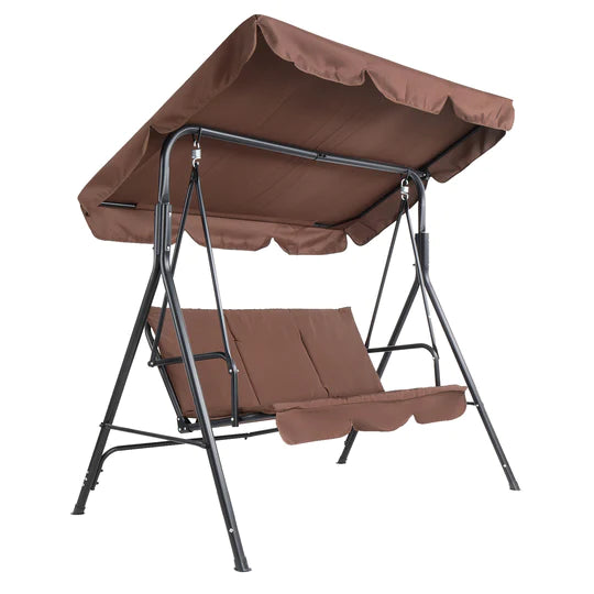 Three-person greenhouse coffee garden swing chair with roof. 170*110*153cm, With Canopy and Cushion 250kg, Stable and durable, Load-Bearing Iron Swing Brown