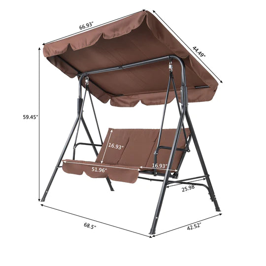 Three-person greenhouse coffee garden swing chair with roof. 170*110*153cm, With Canopy and Cushion 250kg, Stable and durable, Load-Bearing Iron Swing Brown