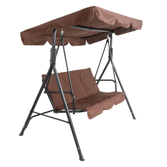 Three-person greenhouse coffee garden swing chair with roof. 170*110*153cm, With Canopy and Cushion 250kg, Stable and durable, Load-Bearing Iron Swing Brown