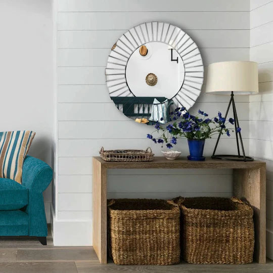 DunaWest 28 Inch Round Floating Wall Mirror with Mirrored Frame Work, Silver