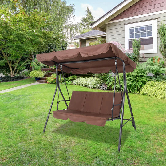 Three-person greenhouse coffee garden swing chair with roof. 170*110*153cm, With Canopy and Cushion 250kg, Stable and durable, Load-Bearing Iron Swing Brown
