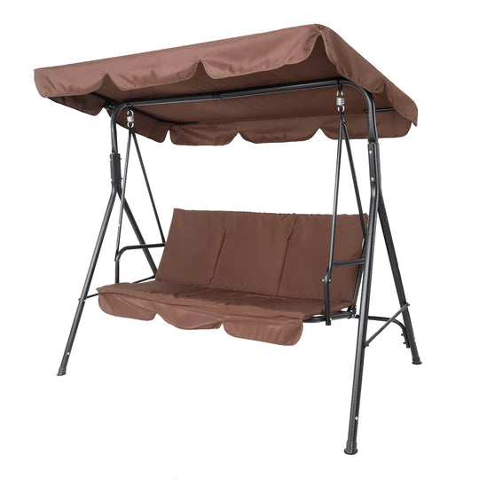 Three-person greenhouse coffee garden swing chair with roof. 170*110*153cm, With Canopy and Cushion 250kg, Stable and durable, Load-Bearing Iron Swing Brown