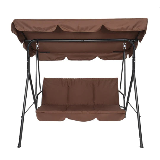 Three-person greenhouse coffee garden swing chair with roof. 170*110*153cm, With Canopy and Cushion 250kg, Stable and durable, Load-Bearing Iron Swing Brown