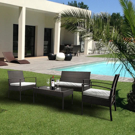 Outdoor 2pcs Arm Chairs 1pc Love Seat & Tempered Glass Coffee Table Rattan Sofa Set XH