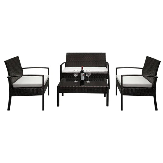 Outdoor 2pcs Arm Chairs 1pc Love Seat & Tempered Glass Coffee Table Rattan Sofa Set XH
