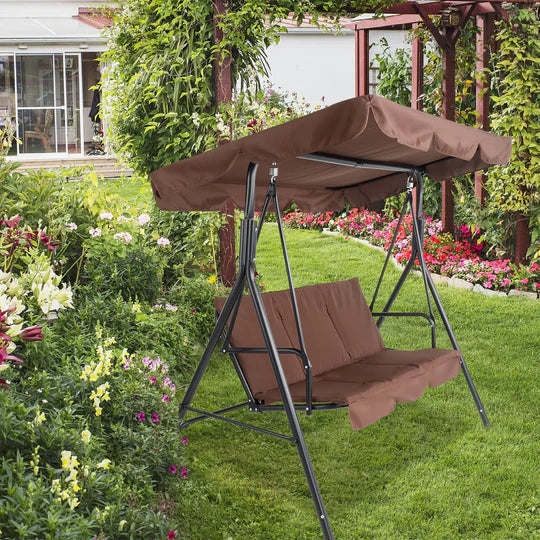 Three-person greenhouse coffee garden swing chair with roof. 170*110*153cm, With Canopy and Cushion 250kg, Stable and durable, Load-Bearing Iron Swing Brown