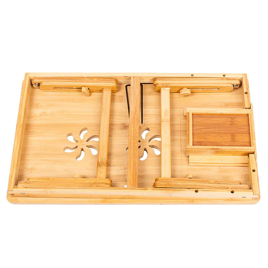 100% Natural Bamboo Laptop Desk Table Adjustable Foldable Breakfast Serving Bed Tray w/Tilting Top Drawer