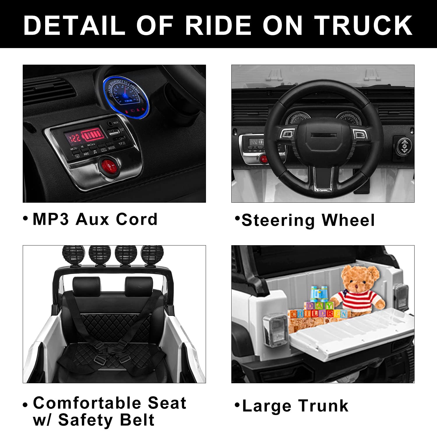 Kid's Electric Ride on Car, 12V Powered Motor, Parental Remote Control, LED Lights, MP3, Seat Beltย - Home Brains And Brawn