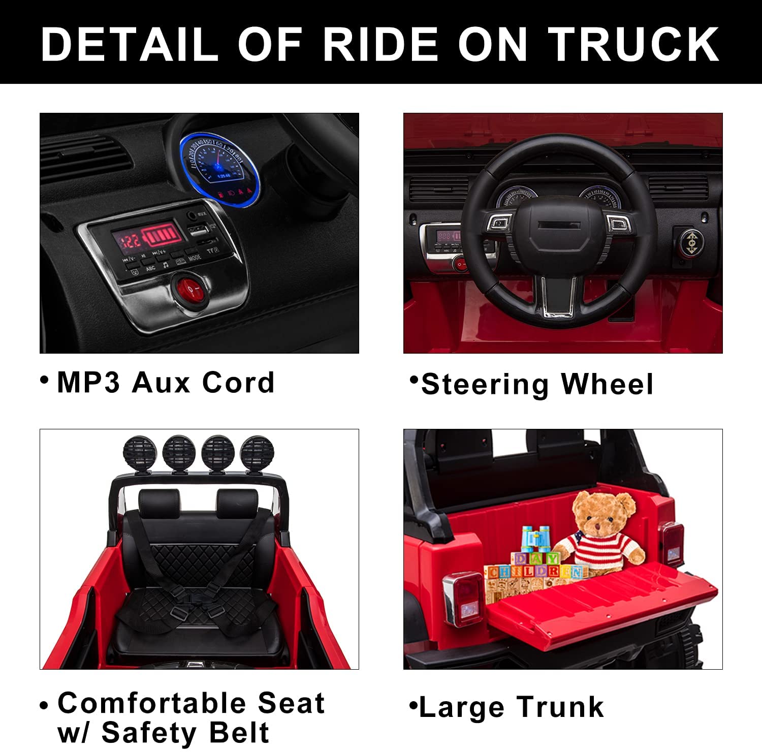 Kid's Electric Ride on Car, 12V Powered Motor, Parental Remote Control, LED Lights, MP3, Seat Beltย - Home Brains And Brawn