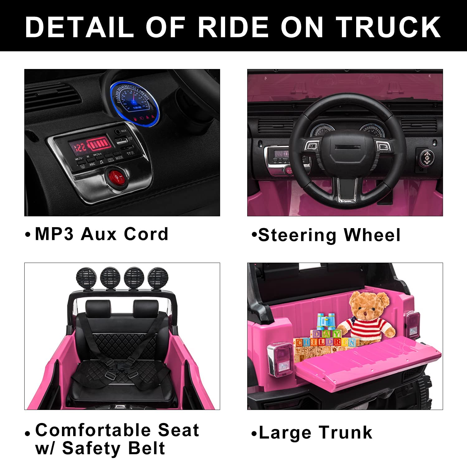 Kid's Electric Ride on Car, 12V Powered Motor, Parental Remote Control, LED Lights, MP3, Seat Beltย - Home Brains And Brawn