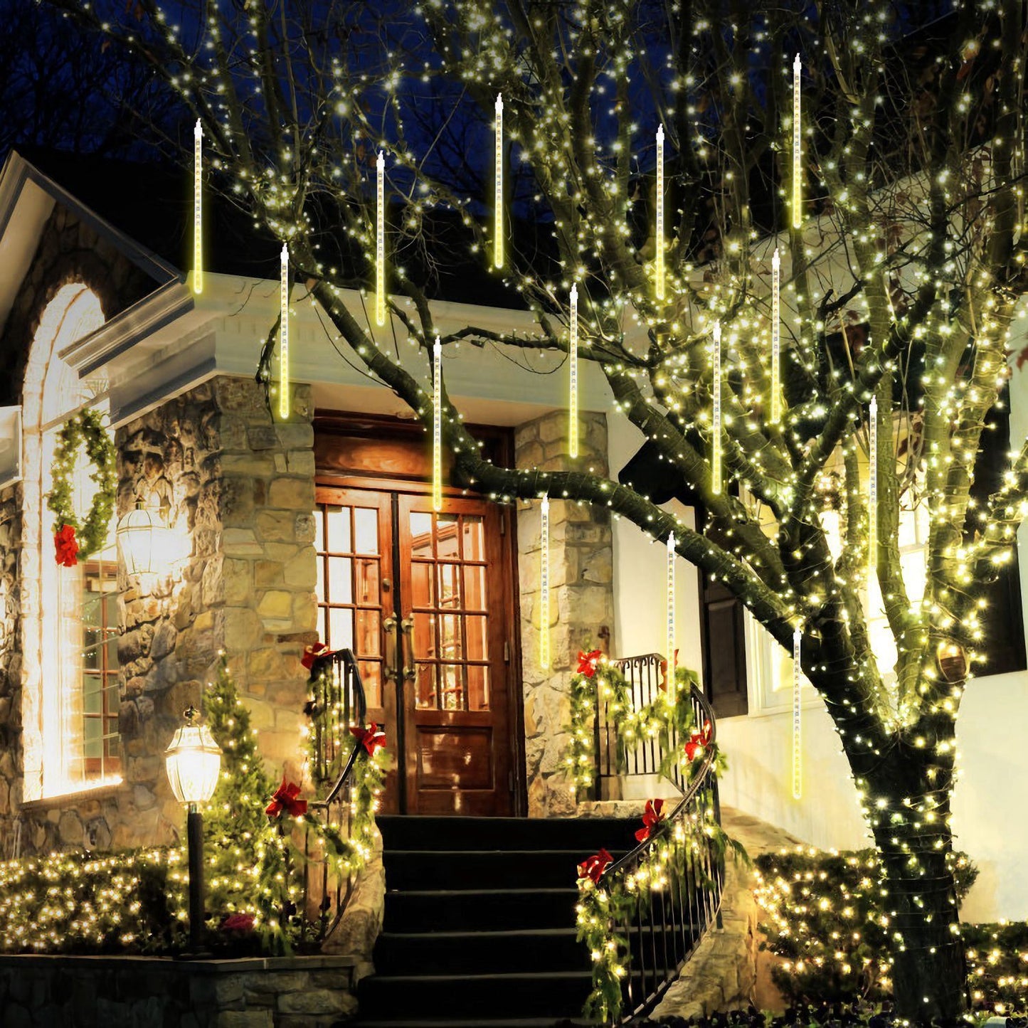 Solar Powered Meteor Shower String Lights 9.84FT Falling Raindrop Tube Lamp Water Resistant Decorative Lights - HomeBrainsandBrawn