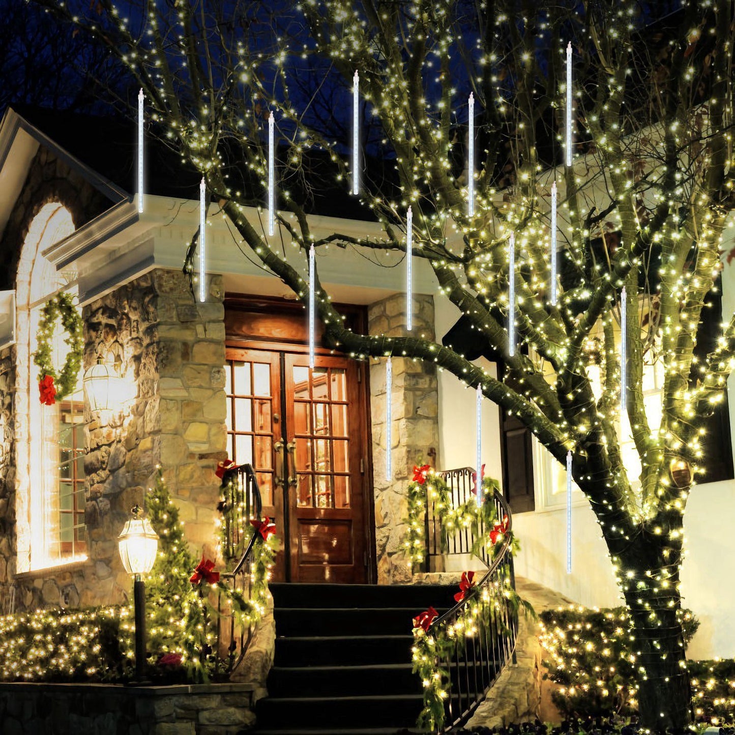 Solar Powered Meteor Shower String Lights 9.84FT Falling Raindrop Tube Lamp Water Resistant Decorative Lights - HomeBrainsandBrawn