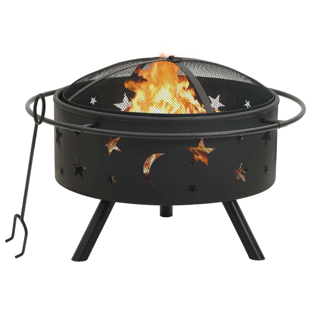 Round Fire Pit with Poker 29.9" XXL Steel - Home Brains And Brawn