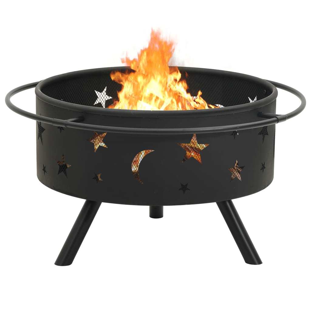 Round Fire Pit with Poker 29.9" XXL Steel - Home Brains And Brawn