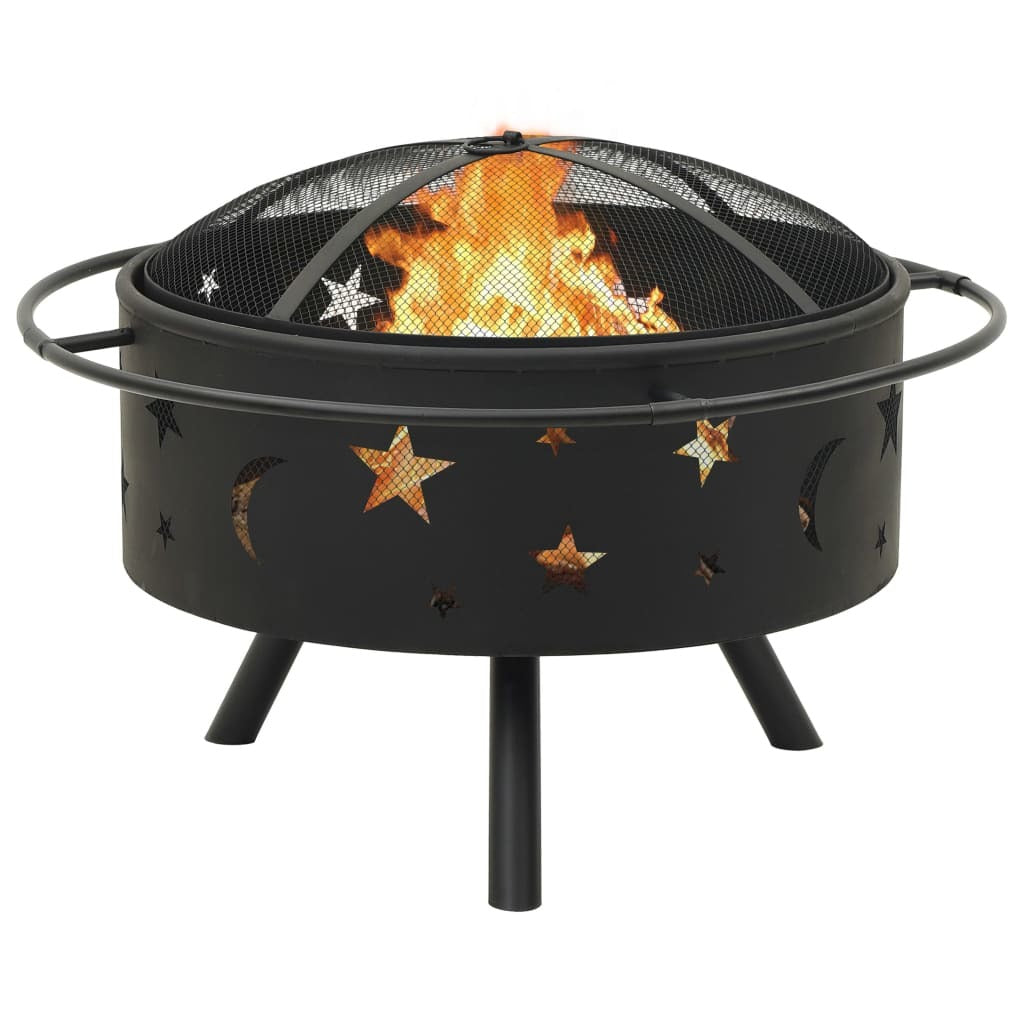 Round Fire Pit with Poker 29.9" XXL Steel - Home Brains And Brawn
