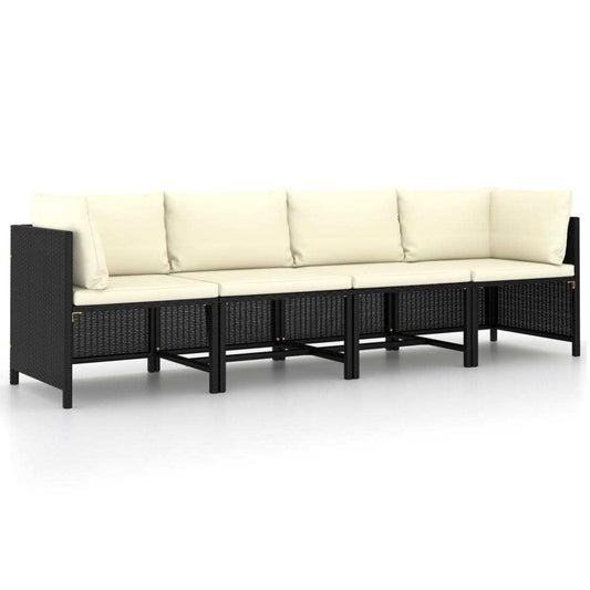 4-Seater Patio Sofa with Cushions Black Poly Rattan - Home Brains And Brawn