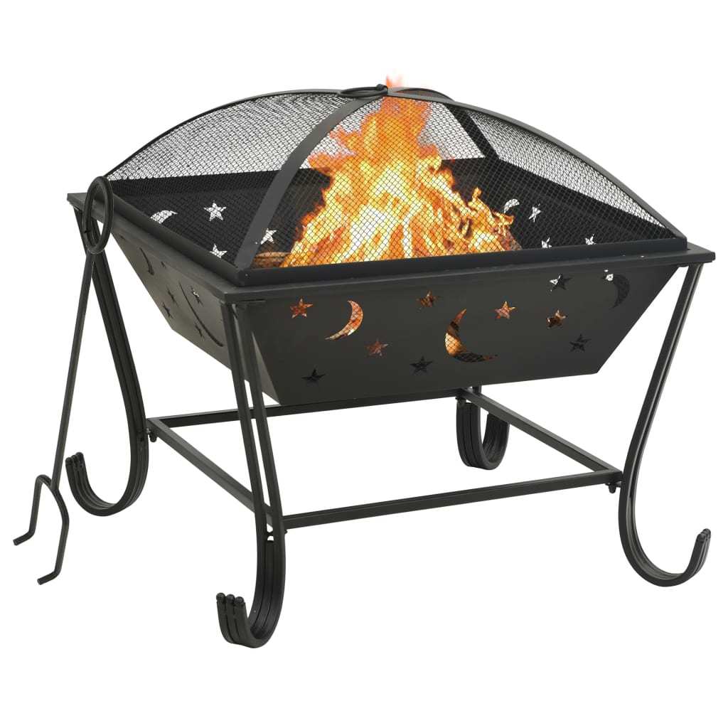Square Fire Pit with Poker 24.4" XXL Steel - Home Brains And Brawn