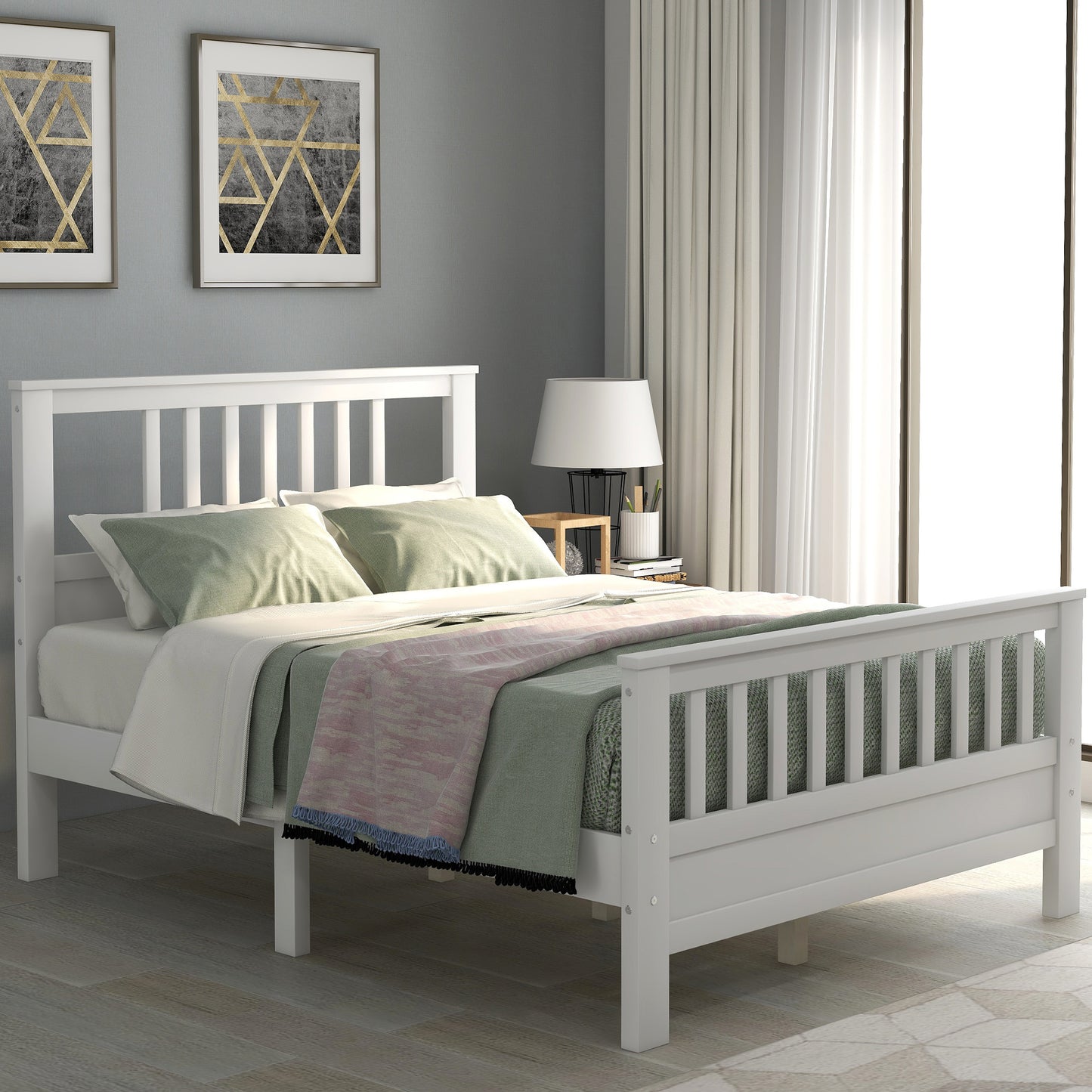 Wood Platform Bed Frame with Headboard and Footboard White RT - Home Brains And Brawn