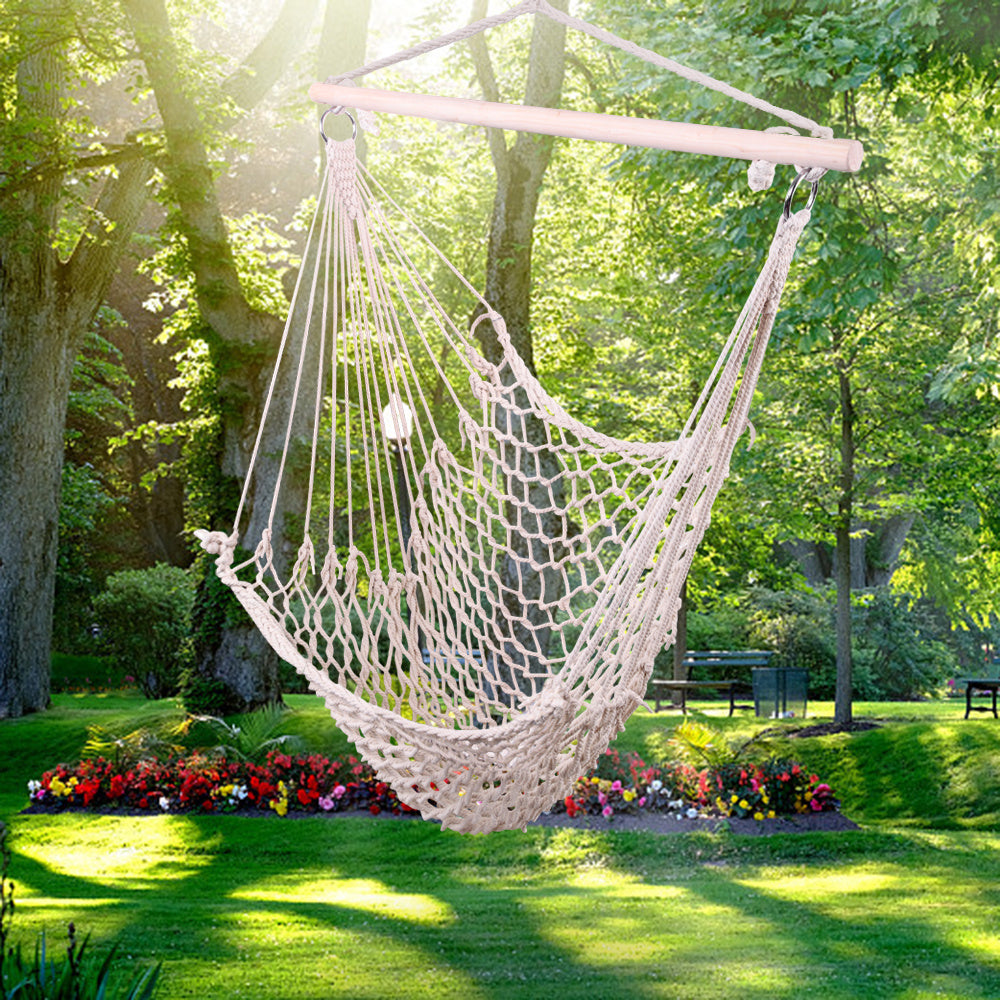 Indoor Outdoor Garden Cotton Hanging Rope Air/Sky Chair Swing Beige Hammocks - Home Brains And Brawn