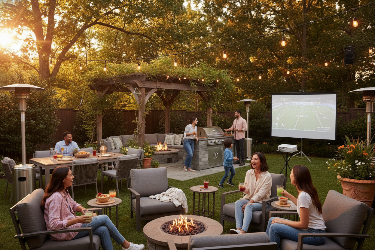 a few happy people enjoying cozy afternoon in the backyard with plenty of equipment, furniture, tools and gadgets for comfort and entertainment