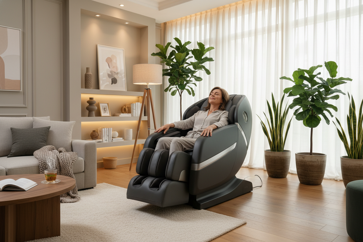 a middle age person relaxing in a shiatsu zero gravity high-end massage chair in a cozy room at home