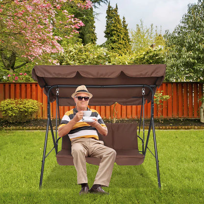 Three-person greenhouse coffee garden swing chair with roof. 170*110*153cm, With Canopy and Cushion 250kg, Stable and durable, Load-Bearing Iron Swing Brown