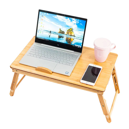 100% Natural Bamboo Laptop Desk Table Adjustable Foldable Breakfast Serving Bed Tray w/Tilting Top Drawer