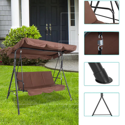 Three-person greenhouse coffee garden swing chair with roof. 170*110*153cm, With Canopy and Cushion 250kg, Stable and durable, Load-Bearing Iron Swing Brown