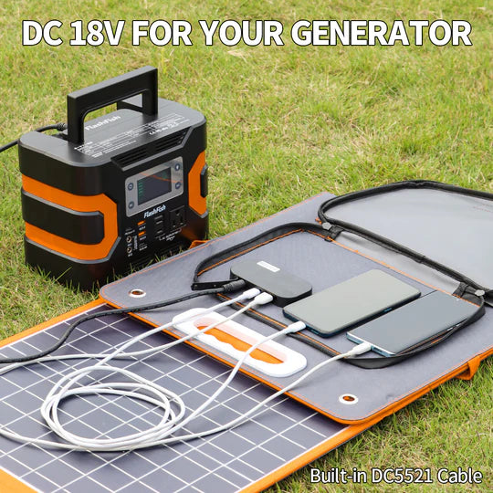 100W 18V Portable Solar Panel, Flashfish Foldable Solar Charger with  5V USB 18V DC Output Type-C Output Compatible with Portable Generator, Smartphones, Tablets and More