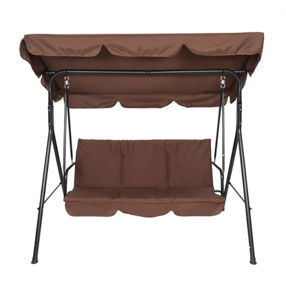Three-person greenhouse coffee garden swing chair with roof. 170*110*153cm, With Canopy and Cushion 250kg, Stable and durable, Load-Bearing Iron Swing Brown