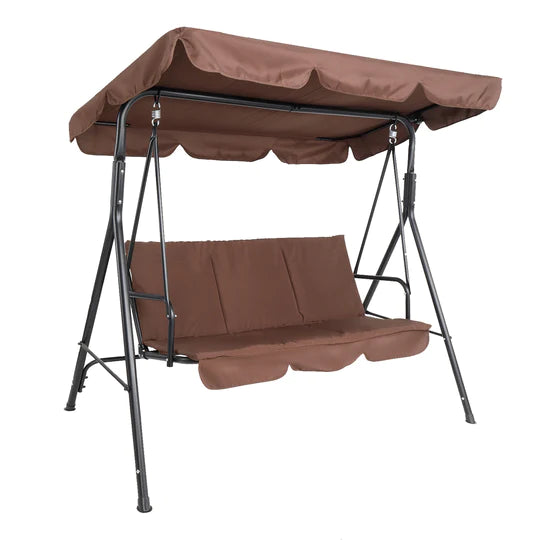 Three-person greenhouse coffee garden swing chair with roof. 170*110*153cm, With Canopy and Cushion 250kg, Stable and durable, Load-Bearing Iron Swing Brown