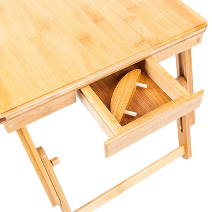 100% Natural Bamboo Laptop Desk Table Adjustable Foldable Breakfast Serving Bed Tray w/Tilting Top Drawer