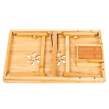 100% Natural Bamboo Laptop Desk Table Adjustable Foldable Breakfast Serving Bed Tray w/Tilting Top Drawer