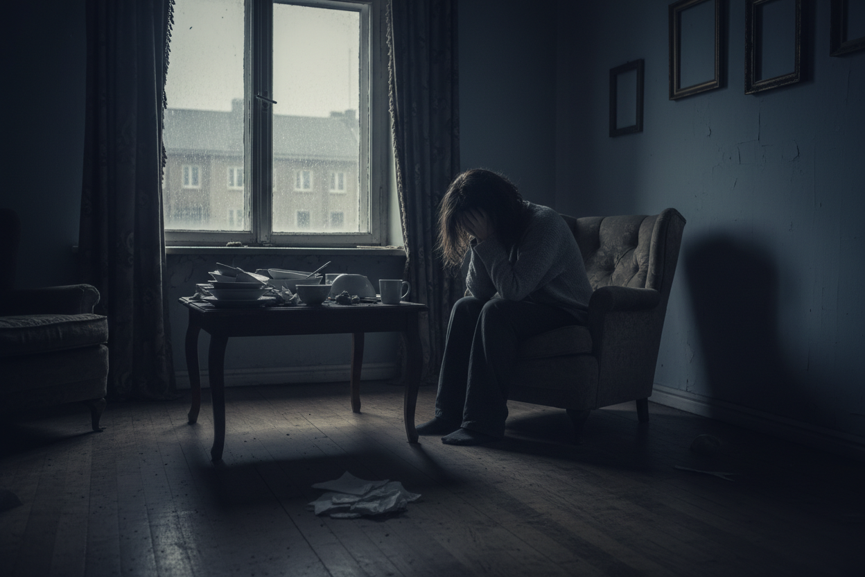 stressed woman, depressed on a depressive ambient in her house
