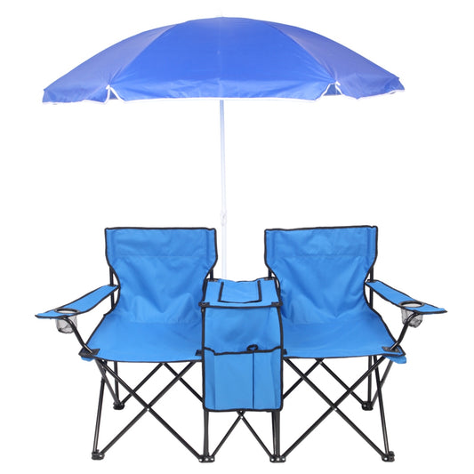 Double Folding Picnic Chairs w/Umbrella Mini Table Beverage Holder Carrying Bag - Home Brains And Brawn