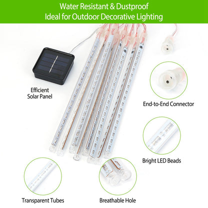 Solar Powered Meteor Shower String Lights 9.84FT Falling Raindrop Tube Lamp Water Resistant Decorative Lights - HomeBrainsandBrawn