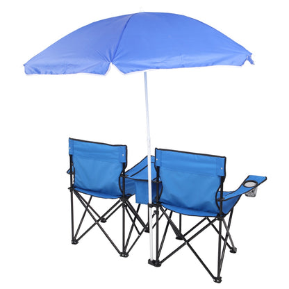 Double Folding Picnic Chairs w/Umbrella Mini Table Beverage Holder Carrying Bag - Home Brains And Brawn