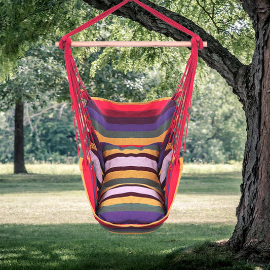 Free shipping Distinctive Cotton Canvas Hanging Rope Chair with Pillows Rainbow YJ - HomeBrainsandBrawn