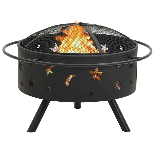 Round Fire Pit with Poker 29.9" XXL Steel - Home Brains And Brawn